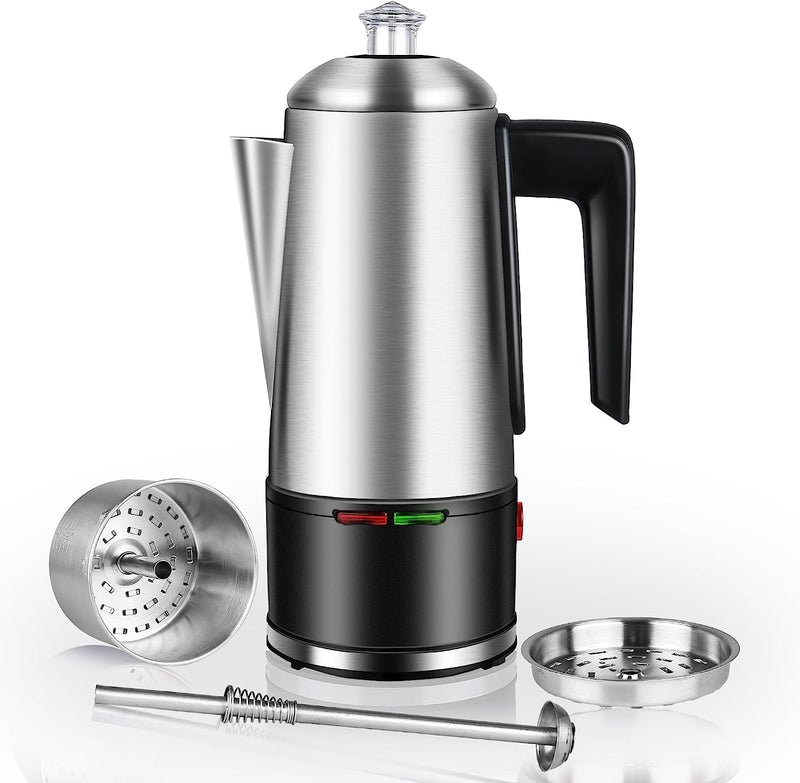 HOMOKUS Electric Coffee Percolator 12 CUPS Percolator Coffee Pot, 800W Percolator Coffee Maker Stainless Steel with Clear Knob Cool-touch Handle, Silver Coffee Pot Percolator Auto Keep Warm Function