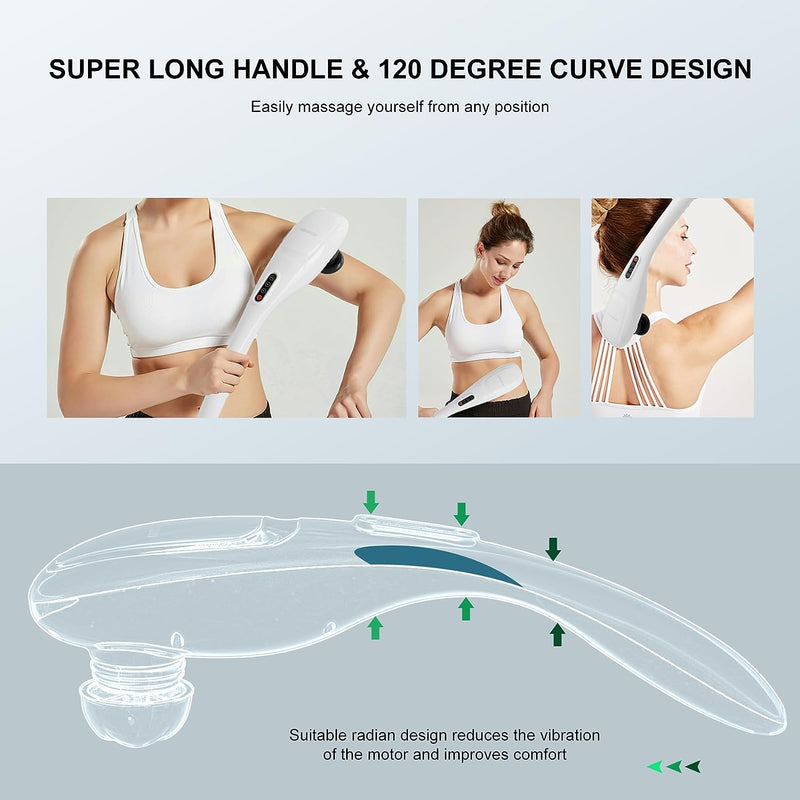 MEGAWISE CORDLESS Handheld Back Massager w/ Rechargeable 3200mAh Battery, 5 Speed and 5 +2 Massage Nodes with hard, medium and 2 soft silicone Nodes; Massage while moving around (Perarl White)