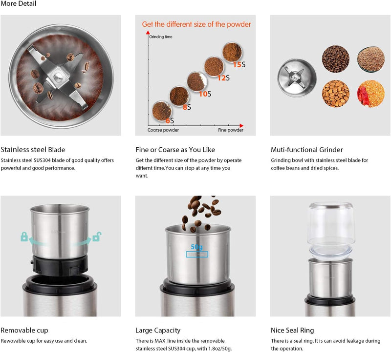 DR MILLS DM-7452 Electric Coffee Grinder,Spice Grinder Electric and chopper,detachable cup,Grinder diswash free, Blade & cup made with SUS304 stianlees steel