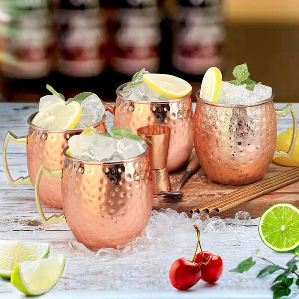 Moscow Mule Mugs Copper Mule Cup Kit 18oz Set of 4 with Handle Large Copper Hammered Plating Cups with 0.5oz Double Jigger, Stainless Steel Straws, Spoon for Cold Drinks Cocktails Wine