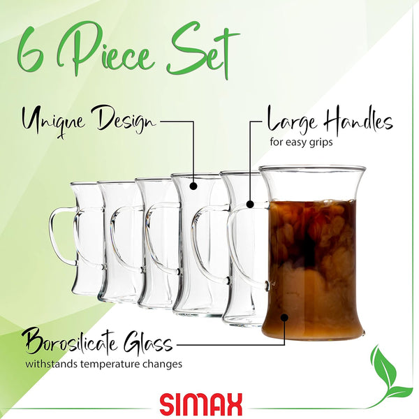 Simax Glassware Irish Coffee Tea Glasses - Cold, Heat, and Shock Resistant Borosilicate Glass, Microwave and Dishwasher Safe, Includes Six (6) 8.5 Ounce Cups