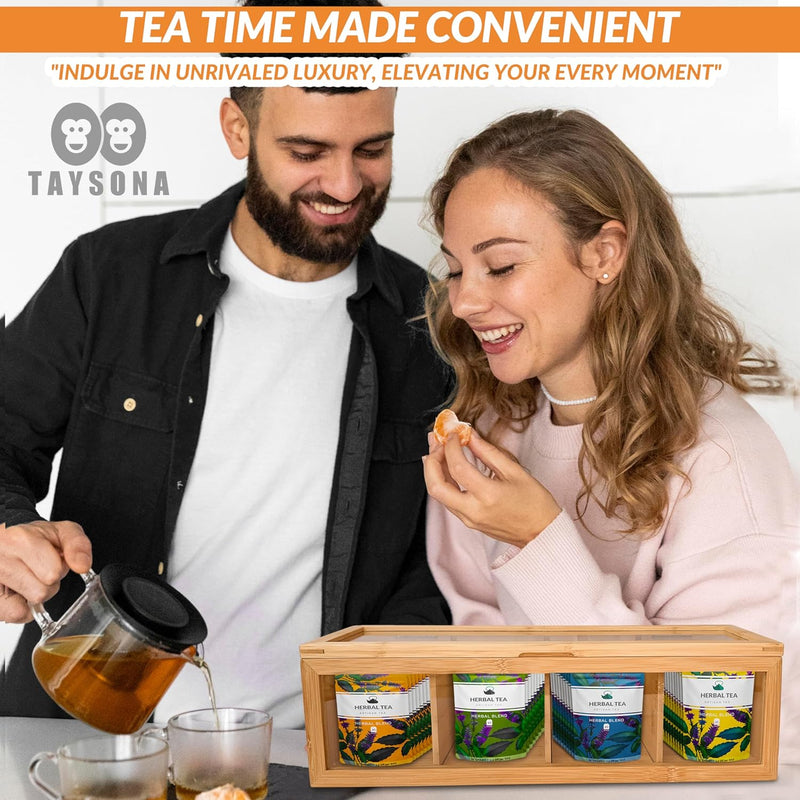 TAYSONA Bamboo Tea Bag Organizer: Wooden Tea Box with 4 Compartments, Clear Acrylic Windows - Magnet Lid - Keeps Tea Bags Fresh - Elegant Kitchen Organizer for Tea Lovers - Ideal for Christmas Gifts