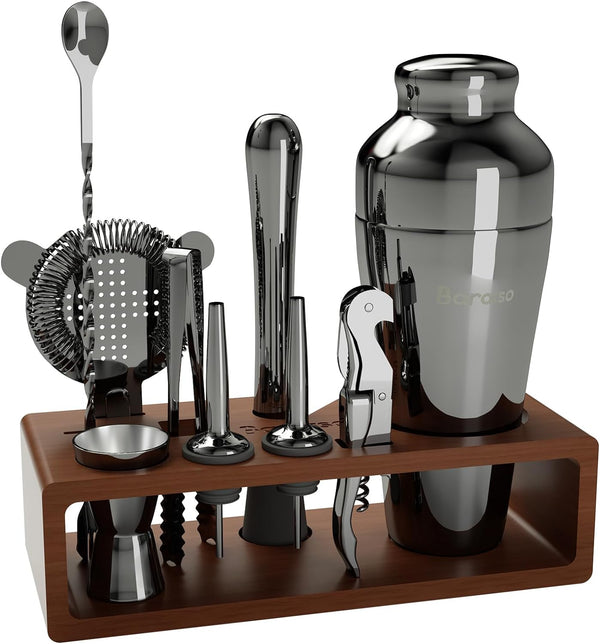 Baraiso Cocktail Shaker Set, Bartender Kit with Strainer, Bar Tool Set with Mahogany Stand, Bar Accessories for The Home Bar Set - Black