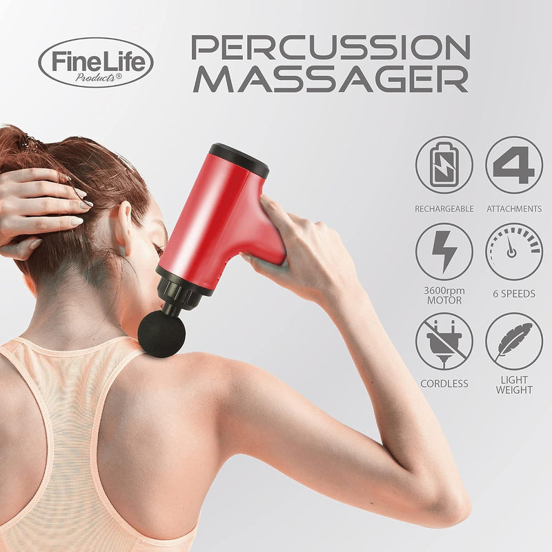 Deep Tissue Percussion Red Massager - Perfect for Muscle Recovery - Targeted Back Massager - Comes with 4 Different Attachment - Powerful Motor and Lasting Battery