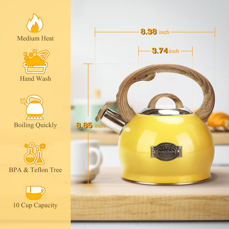 Tea Kettle, 2.1 Quart Stove Top Whistling Tea Kettle, Teapot with Food Grade Stainless Steel and Wood Pattern Folding Handle, Suitable for All Heat Sources,(Yellow)