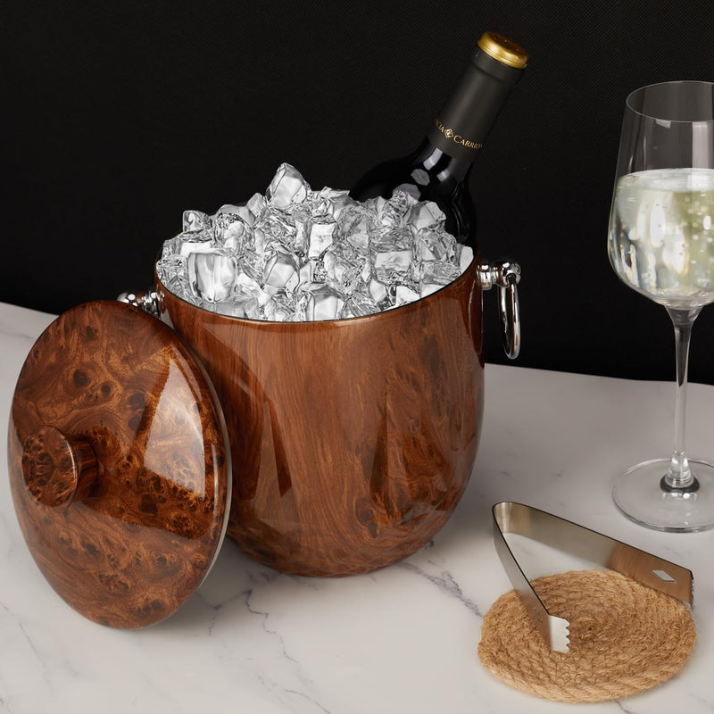 LRYYBTI Ice Bucket with Lid, Double Wall Stainless Steel insulated ice bucket, Champagne Bucket, Wine Bucket for parties, cocktail bar, Teakwood, 3L, Not Included Strainer