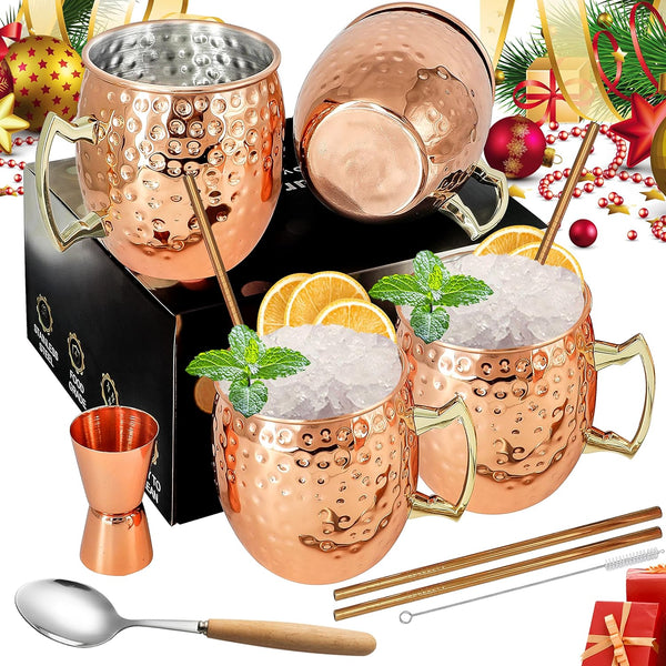 Moscow Mule Mugs Copper Mule Cup Kit 18oz Set of 4 with Handle Large Copper Hammered Plating Cups with 0.5oz Double Jigger, Stainless Steel Straws, Spoon for Cold Drinks Cocktails Wine