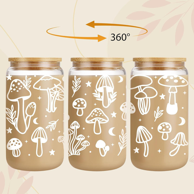 GSPY Mushroom Cup, Mushroom Gifts, Mushroom Glass Coffee Cup with Lid & Straw, Cute Mushroom Stuff, Cute Cups Aesthetic Mushroom Mug Tumbler - Mushroom Gift, Christmas Drinking Gifts for Women