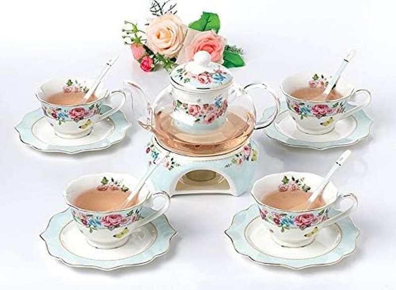 Jusalpha Fine China Flower Series Tea Set-Teacup Saucer Spoon Set with Teapot Warmer & Filter, 16 pcs in 1 set (FDMM Glass pot set 04)