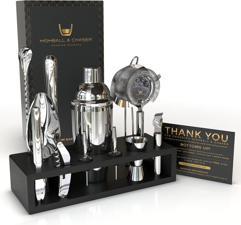 Highball & Chaser 13-Piece Cobbler Cocktail Shaker Set: Black Polished Stainless Steel Bartender Kit for Home Bar Set | Laser Engraved Tools Plus E-Book with 30 Recipes