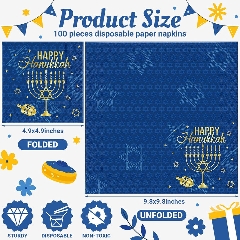 Honoson 100 Pcs Hanukkah Napkins Paper Disposable Cocktail Napkins Luncheon Guest Napkins for Menorah Themed Party Hanukkah Party Supplies Holiday Table Decoration