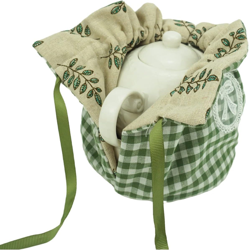 KKEKOS Tea Cozy Cotton Vintage Floral Tea Cosy for Teapots Keep Warm Teapot Cover Insulated Kettle Cover for Home Kitchen Decor Tea Cozies with Cup Mat (Green)