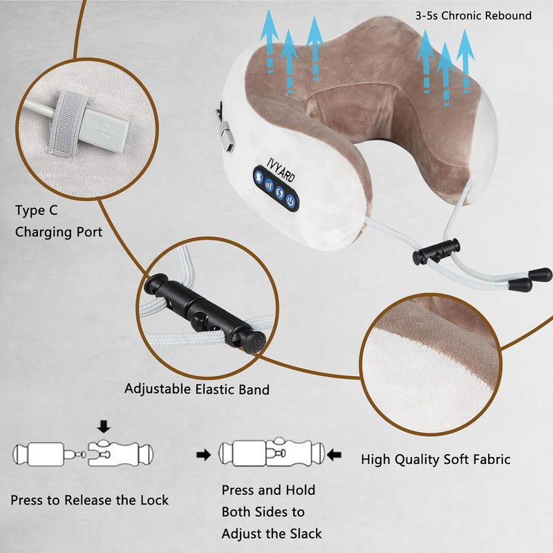 IVYARD Neck Massager, Electric Neck Massager with 3 Force Levels & 3 Modes, Electric Rechargeable Massage Cushion Pillow, Deep Tissue Kneading Neck Massager for Pain Relief at Home, Office