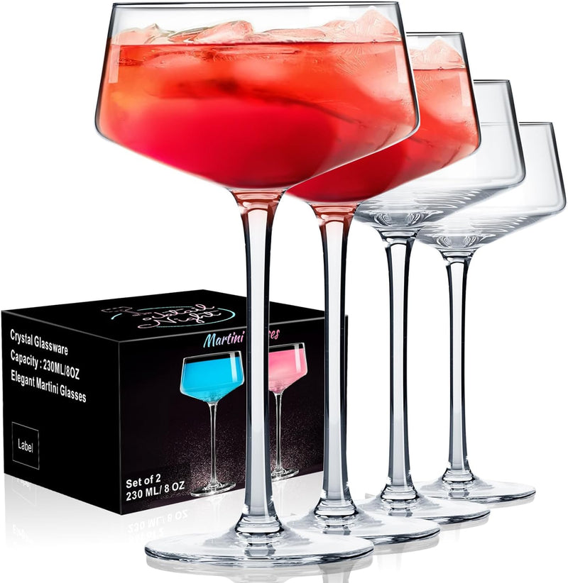 PARACITY Martini Glasses Set of 2, Crystal Coupe Glasses, Cocktails Glasses of Hand Blown, Perfect for Cocktails, Martinis, Margaritas, Parties, Catering Boxes and Gifts（8 oz/240ml）