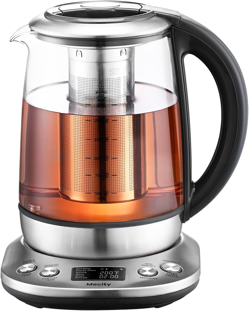 Mecity Tea Kettle Electric Tea Pot with Removable Infuser, 9 Preset Brewing Programs Tea Maker with Temprature Control, 2 Hours keep Warm, 1.7 Liter Electric Kettles, 1200W, Glass and Stainless Steel