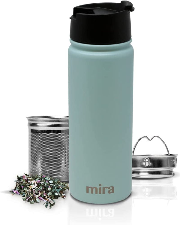 MIRA Stainless Steel Insulated Tea Infuser Bottle for Loose Tea - Thermos Travel Mug with Removable Tea Infuser Strainer-18 oz, Pearl Blue