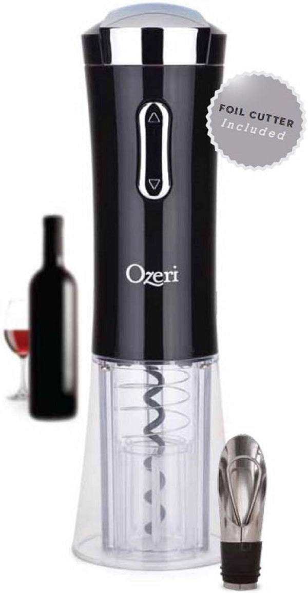 Ozeri Nouveaux II Electric Wine Opener in Black, with Foil Cutter, Wine Pourer and Stopper