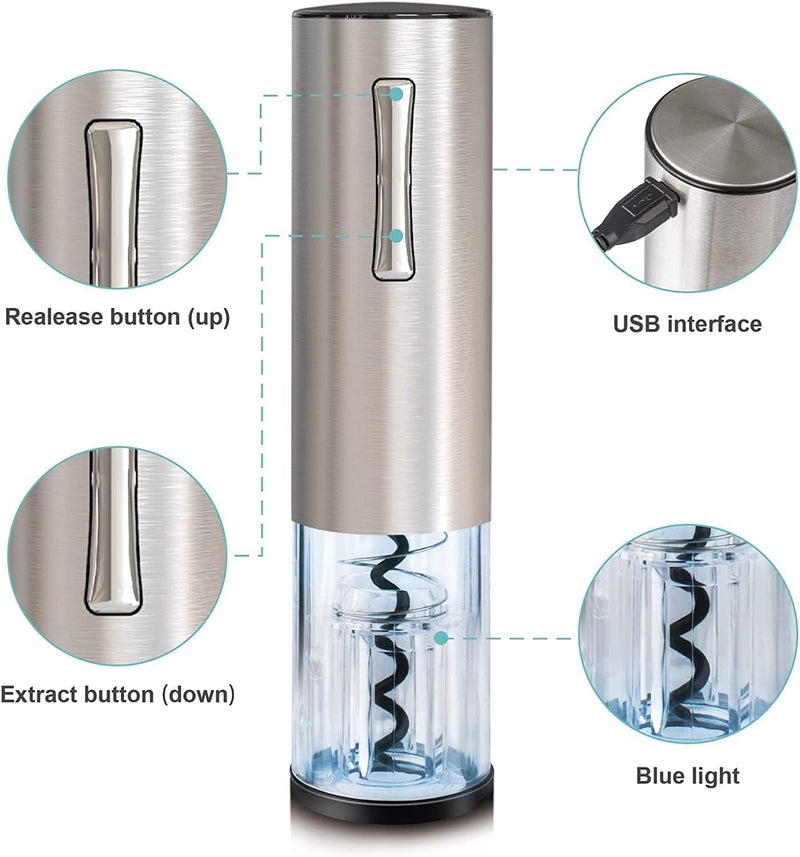 EZBASICS Electric Wine Opener, Automatic Wine Bottle Opener Set with Foil Cutter Vacuum Stopper and Wine Aerator Pourer for Wine Lovers Gift Home Kitchen Party Bar Wedding Rechargeable, Silver