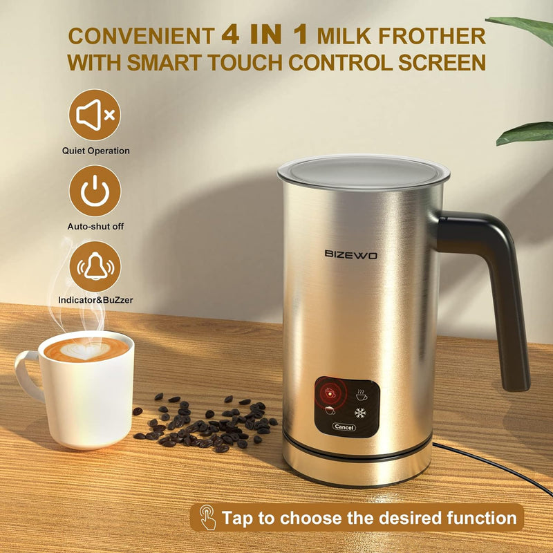 Milk Frother Electric, Coffee Frother, Warm and Cold Milk Foamer, BIZEWO 4 IN 1 Automatic Milk Warmer Stainless Steel with Touch Screen, for Coffee, Latte, Hot Chocolate