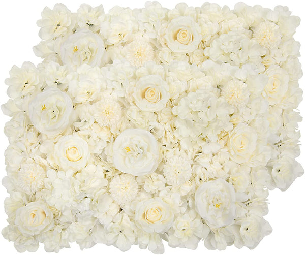 Artificial Flower Wall Panels - 2 Pack Silk Rose Mat for Wedding Birthday Party or Home Decor Ivory White