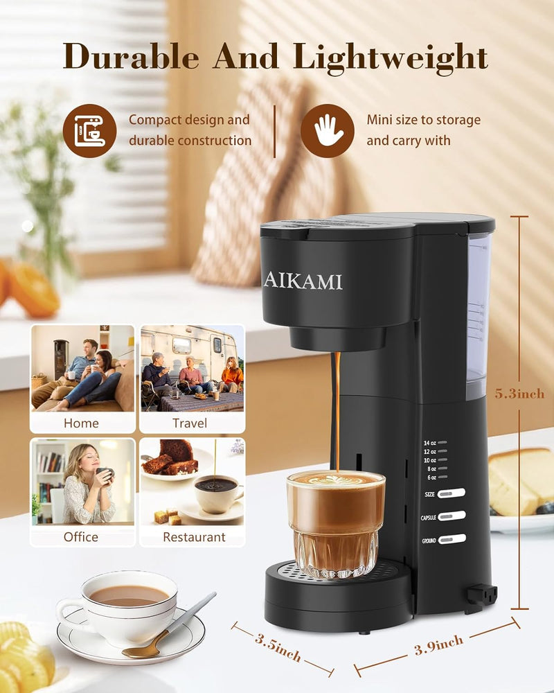 4 IN 1 Mini Coffee Maker Single Serve with Milk Frother and Coffee Grinder, Coffee Makers for K Cup & Ground, 6 to 14 Oz Brew Sizes, Coffee Machine with Water Window and Descaling Reminder, Black