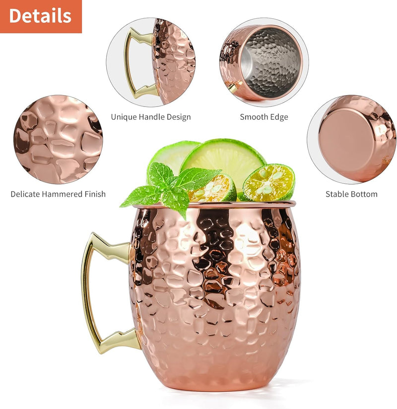 Amrules Moscow Mule Mugs Set of 4, 16 oz Hammered Copper Cups with 304 Stainless Steel Lining and Gold Brass Handles, Perfect for Cold Drinks, Beer, Wine, Bars, Parties, Gifts