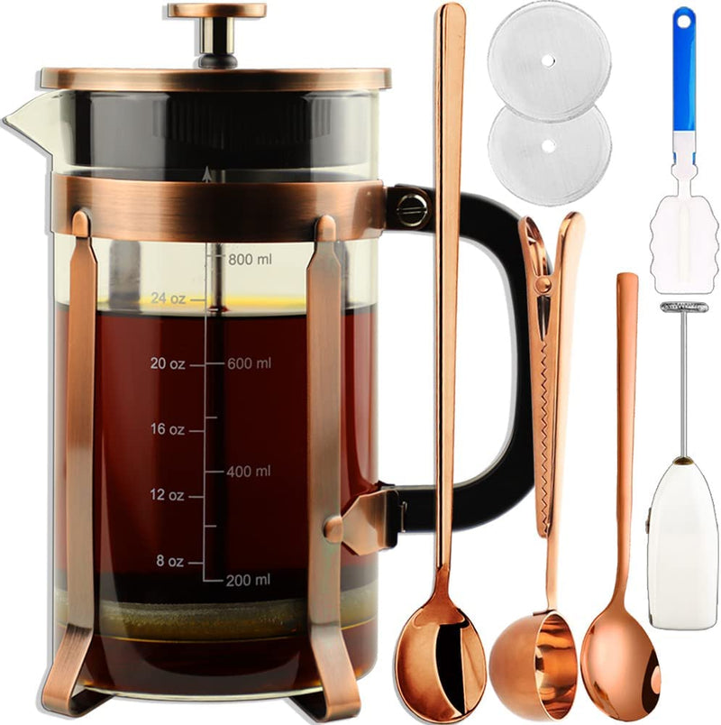 ADAMITA French Press Coffee Maker 8 cups 34 oz 304 Stainless Steel Coffee Press with 4 Filter Screens, Easy Clean Heat Resistant Borosilicate Glass - Free 100% BPA (A-Style-Copper-1A, 34 oz)