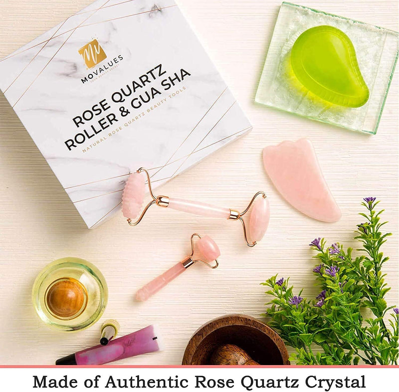 Rose Quartz Roller with Gua Sha, Mini Eye Roller set - Jade Roller for Face - Face Roller 100% Natural Authentic Crystal - Face Massager, Facial Roller for Skin Care, Eyes, Neck - Tones, Firms, Depuff