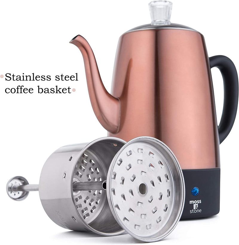 Moss & Stone Electric Coffee Percolator Copper Body with Stainless Steel Lids Coffee Maker | Percolator Electric Pot - 10 Cups, Copper Camping Coffee Pot.