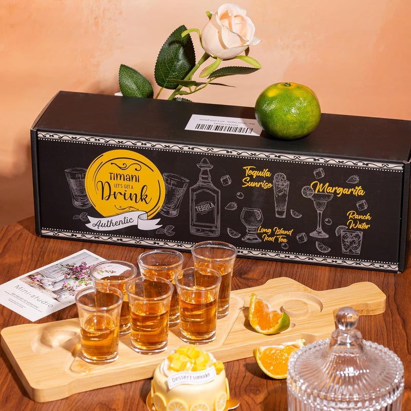 Tequila Shot Board Set with 6 shot glasses, Shot Glasses Holder Serving Tray - Tequila Serving Tray with Lemon Space, Salt Rimmer & 6 Glasses of 1.5 Oz - Shot Set - Party Shot Board -Margarita liquor