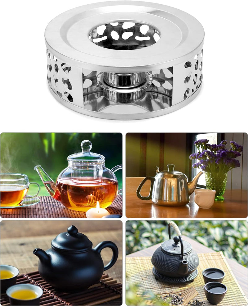 QWORK Tea Kettle Warmer, 2 Pack Brushed Stainless Steel Tea Kettle, Hollow Frame, with Tea Candle Holder, Fits Most Teapots, Silver