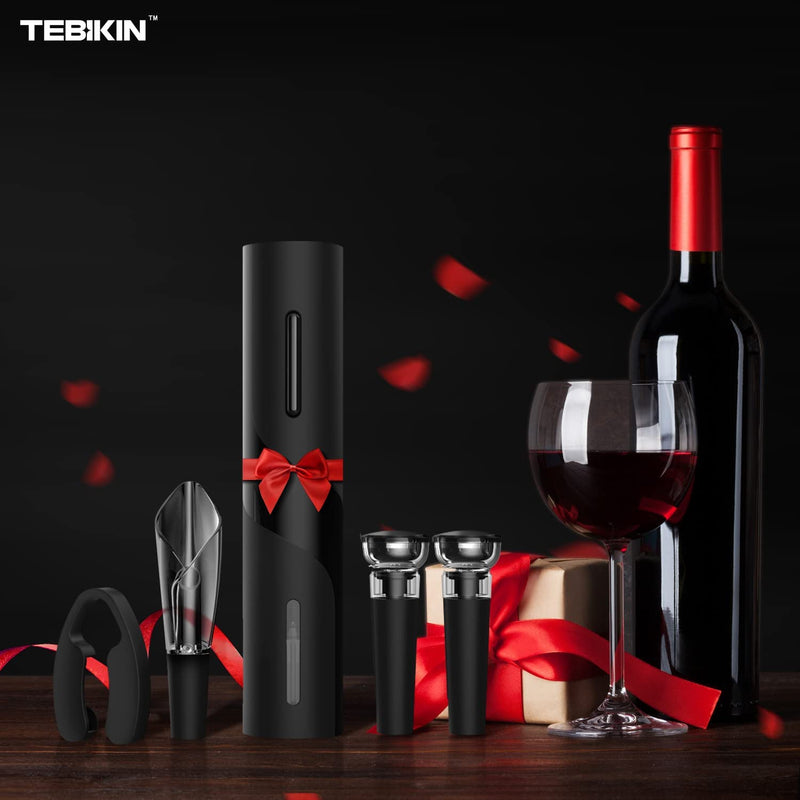 Electric Wine Opener Set TEBIKIN Automatic Wine Bottle Openers Cordless Battery Powered Corkscrew with Vacuum Wine Stoppers Wine Aerator Pourer Foil Cutter for Home Gift Party Valentine's Day