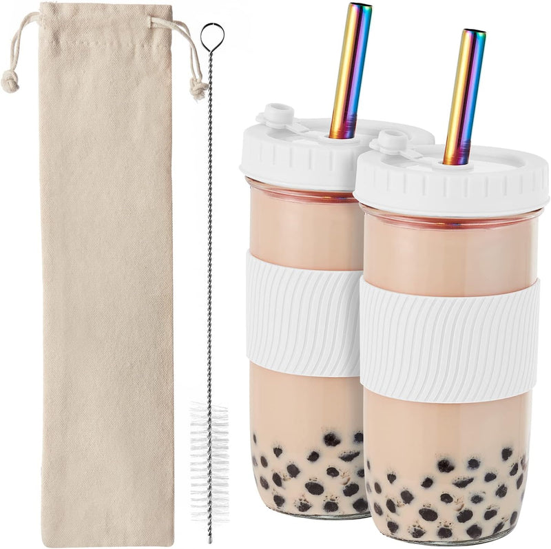 Amyoole 2 Pack Reusable Boba Cup,24Oz Wide Mouth Smoothie Cup,mason Jar Glass Cups with Lids and Straws,Bubble/Boba Tea Cups,Ice Coffee Tumbler 2 colored straws 1 sponge brush(Purple)