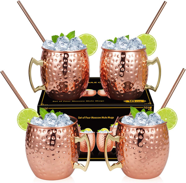 Widousy Moscow Mule Copper Mugs - Set of 4-HANDCRAFTED - Solid Copper Mugs 16 oz Gift Set with BONUS ：4 Cocktail Copper Straws