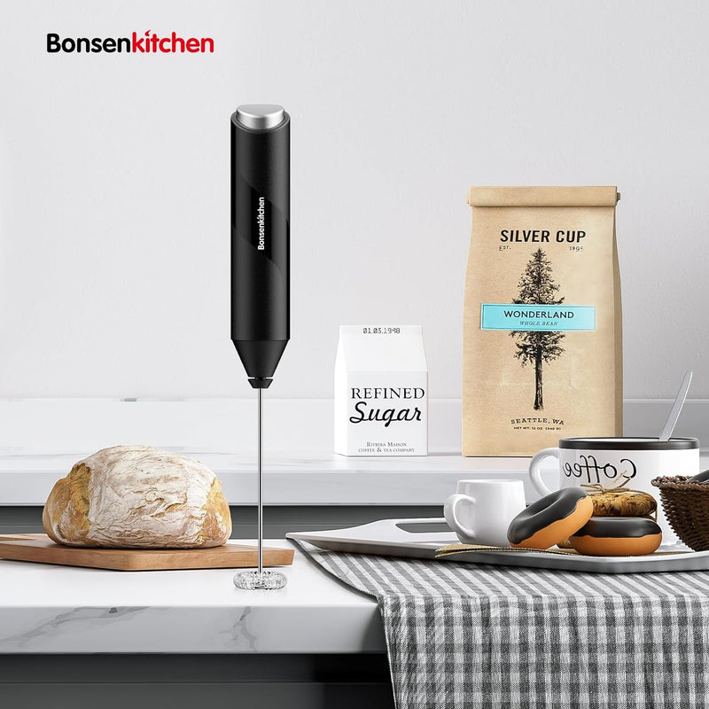 Bonsenkitchen Milk Frother Handheld, Electric Foam Maker with Stainless Steel Whisk, Hand Drink Mixer for Coffee, Lattes, Cappuccino, Matcha, Battery Operated, Stirrer Coffee Wand