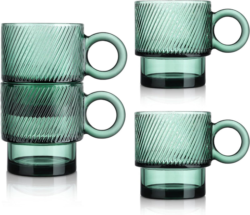 Joeyan Green Glass Coffee Mugs with Handle,Stackable Glass Coffee Cups with Striped Design,Drinking Glasses for Espresso Cappuccino Latte Tea Milk,10 oz,Set of 4,Dishwasher Safe