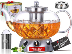 Pykal Glass Tea Pot With Removable Infuser - 40 Oz - Candle Warmer Included - Glowing Diamond Teapot Also For Loose & Blooming Tea - Glass Kettle