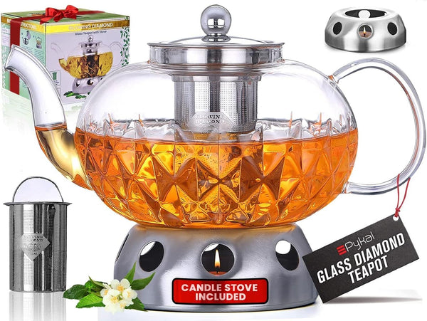 Pykal Glass Tea Pot With Removable Infuser - 40 Oz - Candle Warmer Included - Glowing Diamond Teapot Also For Loose & Blooming Tea - Glass Kettle