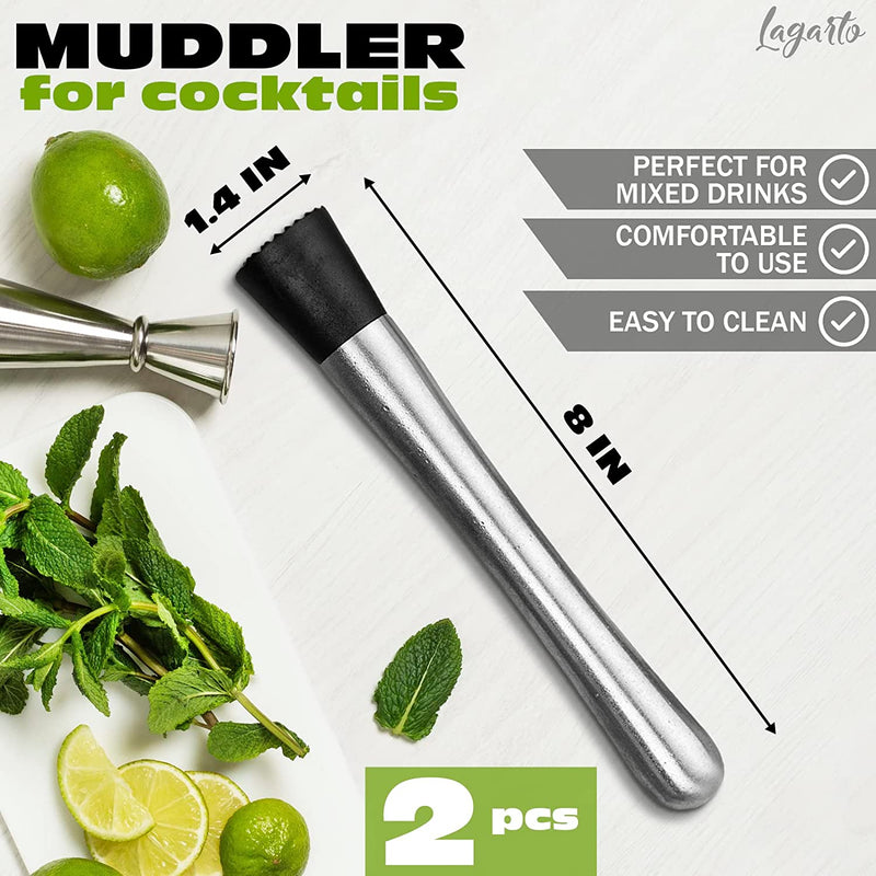 2Pcs Muddler for Cocktails Set - 8" Drink Muddler Set Long Muddler Old Fashioned Stainless Steel Muddler - Mojito Muddler Ice Crusher Bartender Tool for Bars Bartender Accessories Home Bar Tools Set