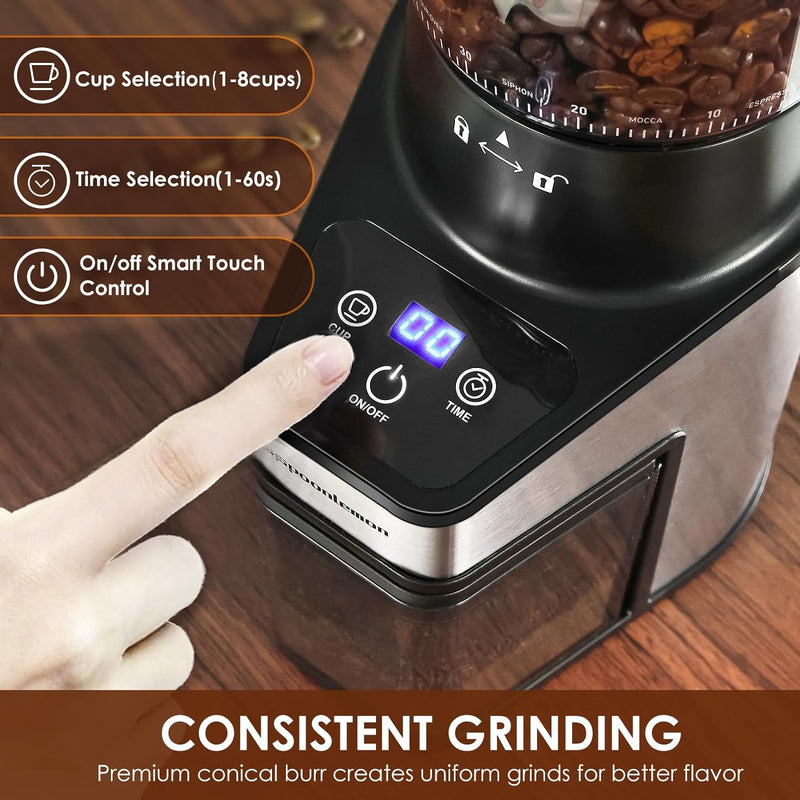 spoonlemon Conical Burr Coffee Grinder, Coffee Grinder Electric with Adjustable 60 Grind Settings, Touchscreen Burr Grinders for Coffee Beans with Precision Electronic Timer, Stainless Steel for Home