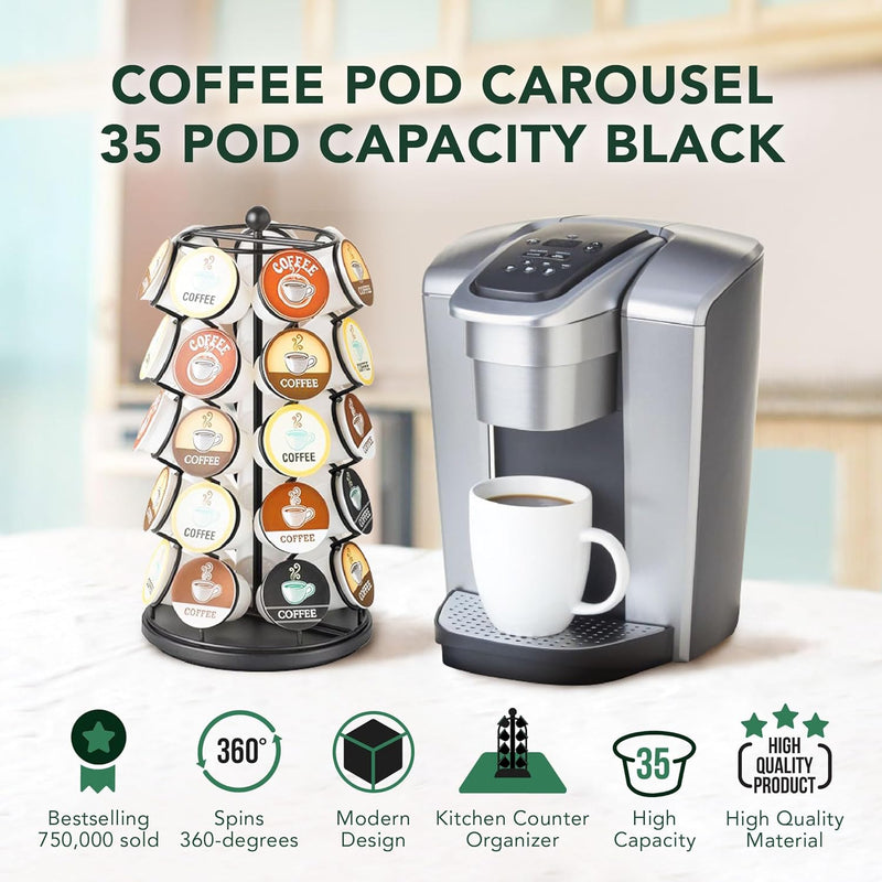 Nifty K Cup Holder – Compatible with K-Cups, Coffee Pod Carousel | 35 K Cup Holder, Spins 360-Degrees, Lazy Susan Platform, Modern Black Design, Home or Office Kitchen Counter Organizer