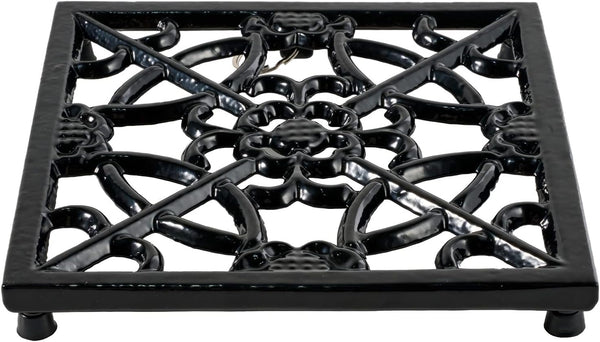 Square Cast Iron Trivet for Kitchen Countertop，Recycled Metal Heat Resistant Trivets with Rubber Pegs，Rustic Decorative Trivet for Hot Dishes Pot Pan Teapot for Kitchen Dining Table, Black