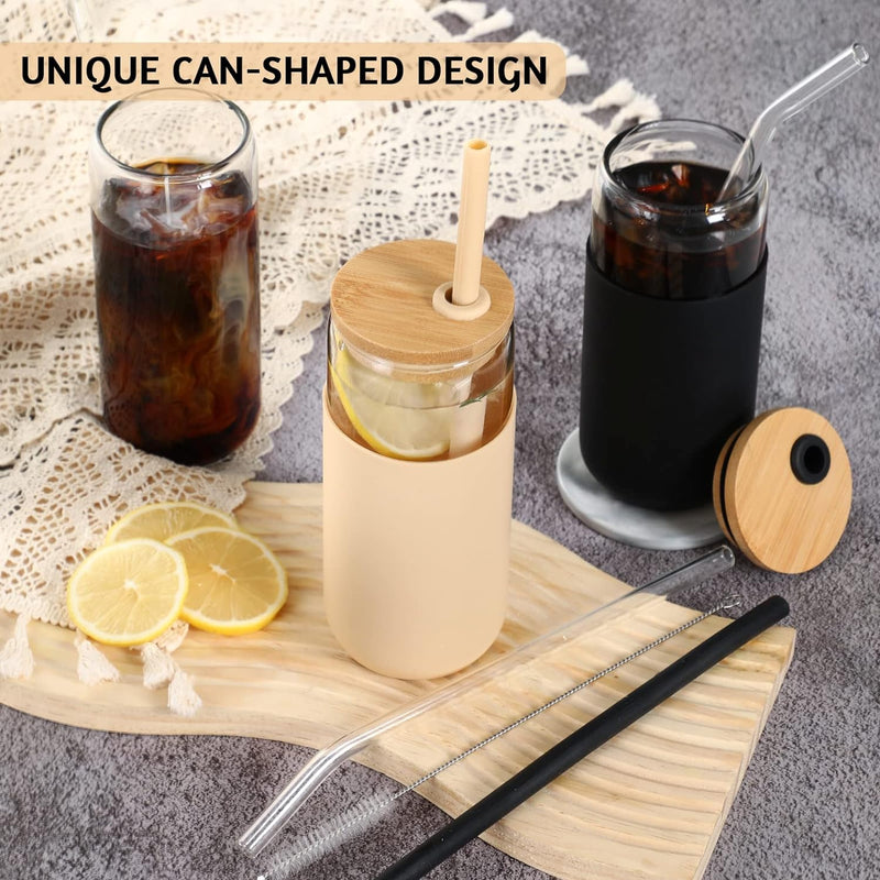 20 OZ Glass Cups with Bamboo Lids and Straws - Beer Can Shaped Drinking Glasses with Silicone Protective Sleeve Set for Iced Coffee, Water, Smoothie, Boba Tea, Gift, 2 Colors