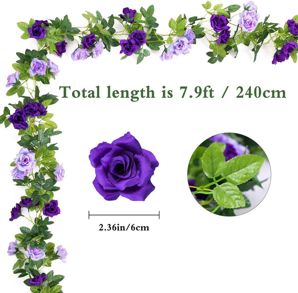 3PCS Artificial Rose Flower Garland 237ft Fake Vines Silk Floral Hanging Plant for Wedding Party Home Decor Purple