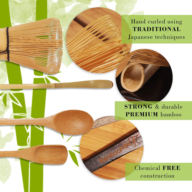 BambooMN Matcha Whisk Set - Golden Chasen (Tea Whisk) + Chashaku (Hooked Bamboo Scoop) + Tea Spoon - 1 Set - Premium Matcha Set to Prepare a Traditional Cup of Matcha