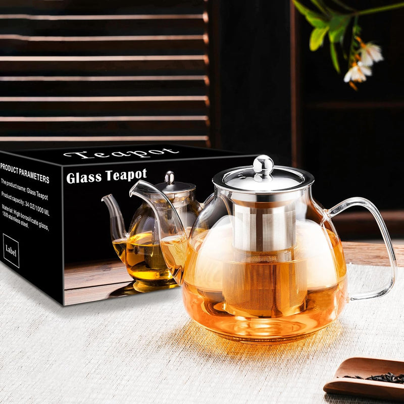 PARACITY Glass Teapot Stovetop 34 OZ, Borosilicate Clear Tea Kettle with Removable 18/8 Stainless Steel Infuser, Teapot Blooming and Loose Leaf Tea Maker Tea Brewer for Camping, Travel