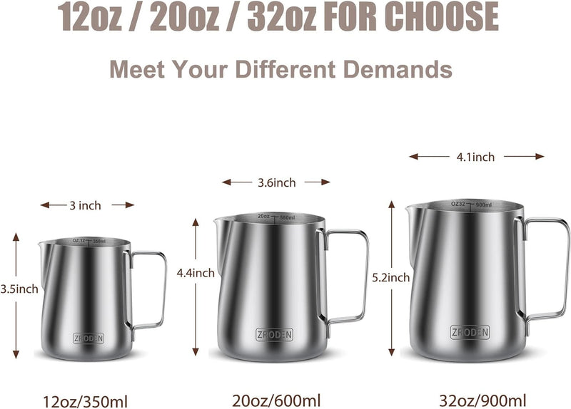 Milk Frothing Pitcher, 12oz 20oz 32oz Espresso Steaming Pitchers Stainless Steel Cappuccino Coffee Machine Accessories Barista Tools Steamer Froth Pitchers Milk Jug Cup with Decorating Pen Latte Art