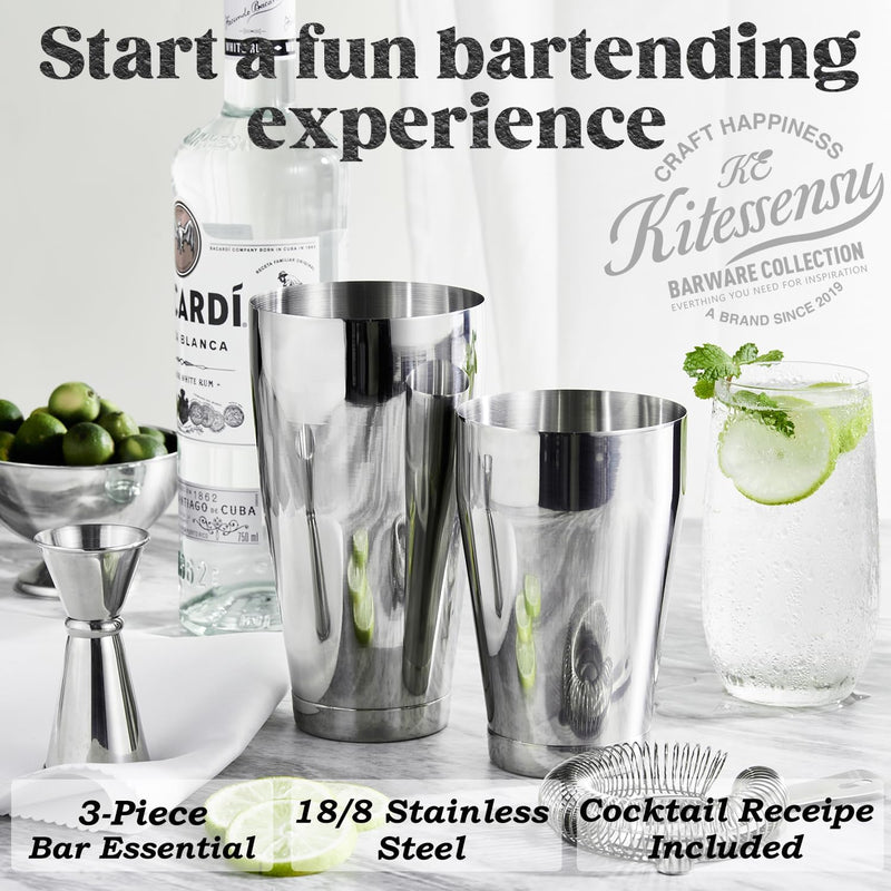 KITESSENSU Boston Cocktail Shaker Set, 4-Piece Boston Shaker Tins Bartender Kit with 18oz & 28oz Mixed Drink Shaker, Hawthorne Strainer, Double Measuring Jigger, Cocktail Recipe Cards Included