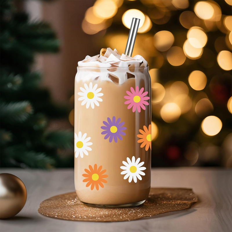 GSPY Daisy Aesthetic Cups, Iced Coffee Cup, Cute Glass Cups with Lids and Straws - Iced Coffee Glasses, Flower Mug Glass Cup, Glass Tumbler - Birthday, Christmas Gifts for Women, Coffee Lovers