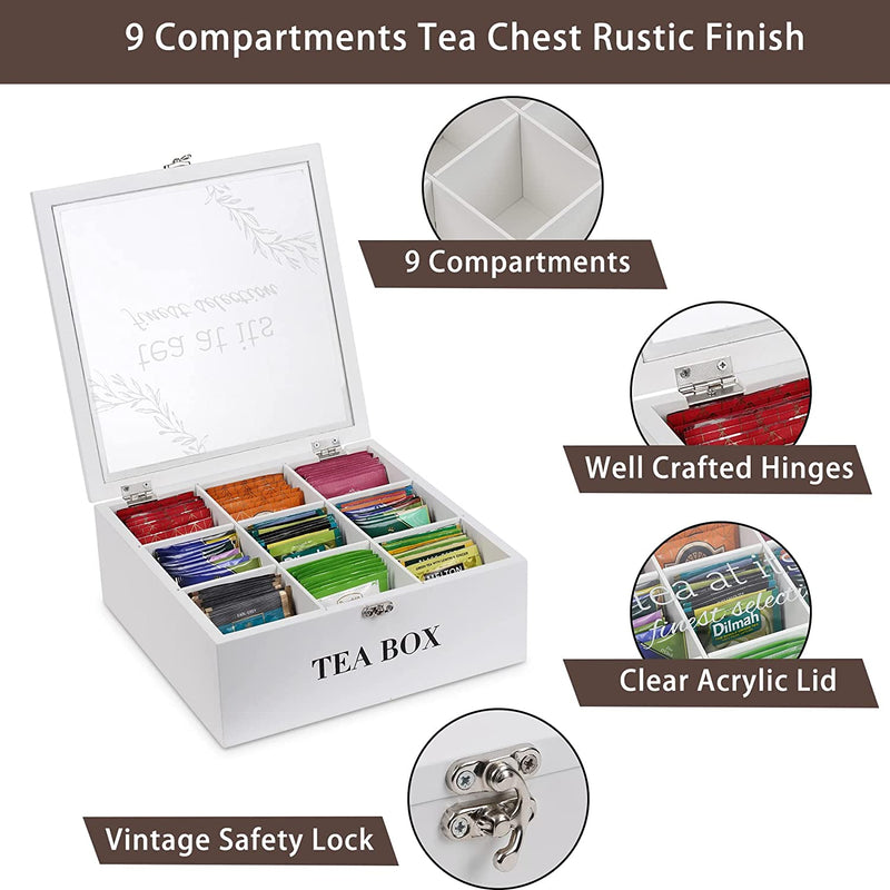 handrong Tea Box Tea Bag Organizer Wooden Tea Bag Holder Modern Tea Caddy Chest with 9 Compartments and Glass Cover for Home Use Christmas Gift